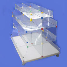 Balcão modulado em vidro gondola central com base rodízios